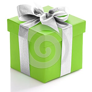 Green gift box with silver ribbon