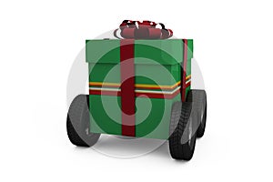 Green gift box with wheels