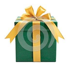 green gift box wrapped with gold bow and ribbon isolated on white background