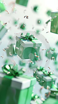 Green gift boxes floating in the air. Christmas and New Year concept. Holiday design element