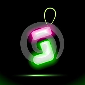 Green gift Christmas sock vector icon Neon lamp, celebrations button for presentation design on black background. Fluorescent