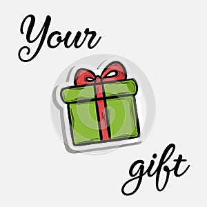 Green Gift icon with red bow in doddle style