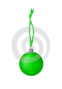 Green glass ball hanging on ribbon on white background isolated close up, Ð¡hristmas tree decoration, shiny round bauble, new year