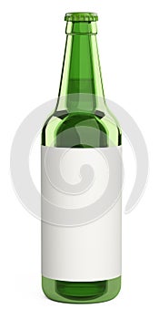 Green glass beer bottle with a label. Design mockup template