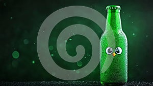 Green Glass Beer Bottle with Owl Refreshing green glass beer bottle condensation whimsical owl face dark background evokes photo