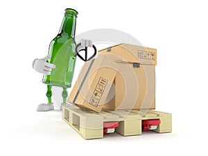 Green glass bottle character with hand pallet truck with cardboard boxes