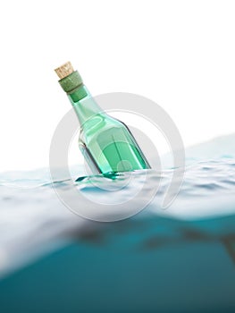 Green glass bottle with letter in the sea