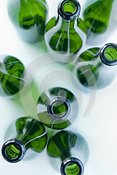 Green glass bottles above view