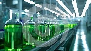 Green glass bottles with green liquid on a conveyor belt in a production line at a modern factory for the medical and beauty