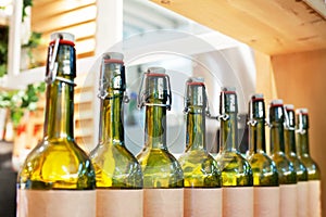Green glass bottles of wine in line on wood shelf, bar interior design winery production, blurred background close up