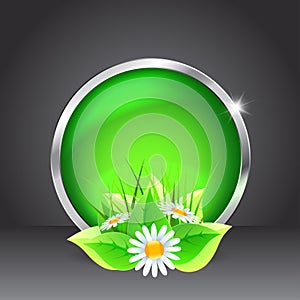 Green glass button with flowers