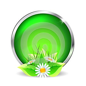 Green glass button with flowers
