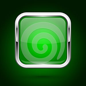 Green glass button with metal frame. Square iconon green background