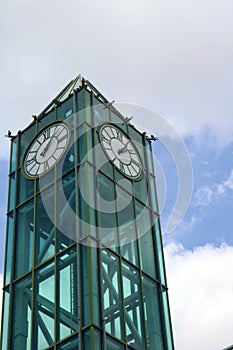 Green Glass Clock Tower in Downtown Kitchener