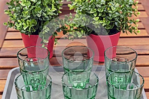 Green glass goblets on the background of plants. Utensils from green glass