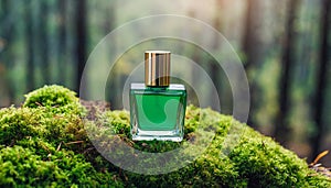 Green glass perfume bottle on top of moss in forest. Luxury fragrance. Mock-up