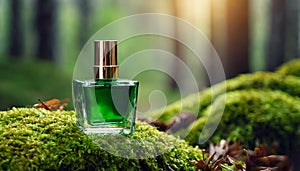 Green glass perfume bottle on top of moss in forest. Luxury fragrance. Mock-up