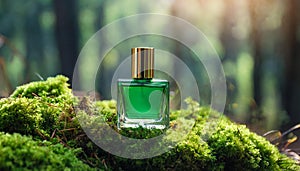 Green glass perfume bottle on top of moss in forest. Luxury fragrance. Mock-up