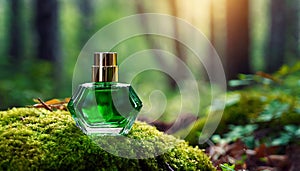 Green glass perfume bottle on top of moss in forest. Luxury fragrance. Mock-up