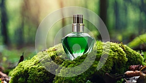 Green glass perfume bottle on top of moss in forest. Luxury fragrance. Mock-up