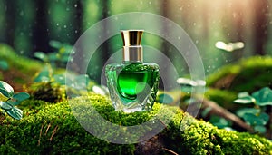 Green glass perfume bottle on top of moss in forest. Luxury fragrance. Mock-up