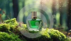 Green glass perfume bottle on top of moss in forest. Luxury fragrance. Mock-up