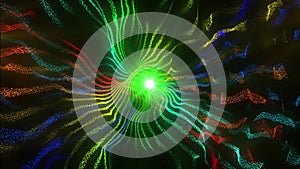 Green glitter light circle and light digital waves with multicolored particles moving looped, 3d animation, slow motion