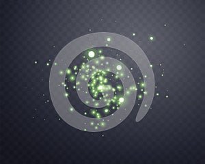 Green glittering dots, particles, stars magic sparks. Glow flare light effect. Green luminous points. Vector particles