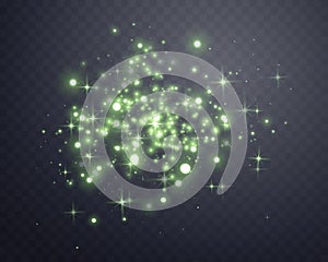Green glittering dots, particles, stars magic sparks. Glow flare light effect. Green luminous points. Vector particles