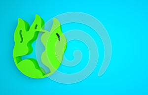 Green Global warming fire icon isolated on blue background. Minimalism concept. 3D render illustration