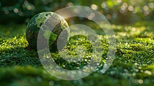 A green globe in a forest with moss and abstract sunlight defocused on it on Earth Day