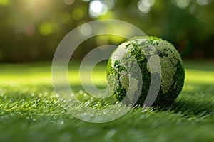 Green globe made of grass with a picture of the planet. The ecological concept of the survival of the planet. Concept of nature