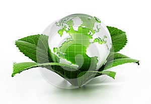 Green globe protected by fresh leaves. 3D illustration