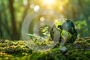 A green globe is sitting on a mossy forest floor. Generative AI