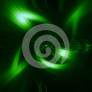 Green, glowing, abstract figure on a black background, abstraction