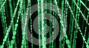 Green glowing binary code representing data flow in a dynamic digital information stream.