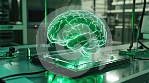 Green glowing brain hologram representing artificial intelligence concept