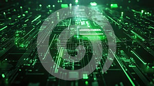 Green glowing circuit board processing data flow
