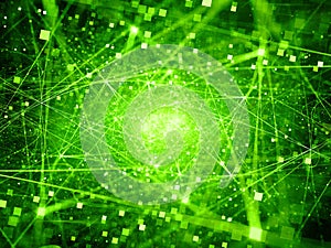 Green glowing connections in space with particles