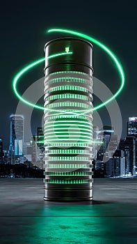 Green glowing cylinder in city night, signifies future energy source amid urban backdrop.