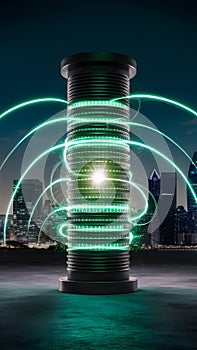 Green glowing cylinder in city night, signifies future energy source amid urban backdrop.