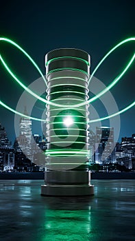 Green glowing cylinder in city night, signifies future energy source amid urban backdrop.
