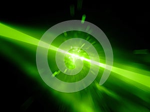 Green glowing laser beams hitting the target, explosion
