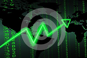 Green glowing stock exchange index arrow in front of world wide matrix number lines with green .color transition in background