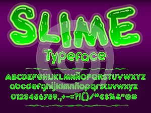 Green glowing toxic slime font. Halloween vector alphabet