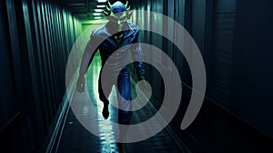 Green Goblin In Dark Blue Uniform In Mysterious Corridor Artwork