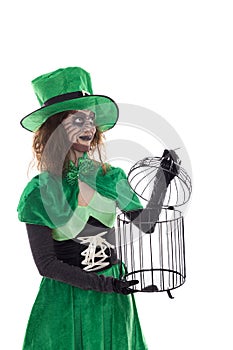 Green Goblin girl holding a birdcage, on white