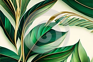 Green and gold abstract leaves plants parts patterns. Creative nature background. Generative AI