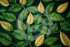 Green and gold abstract leaves plants parts patterns. Creative nature background. Generative AI