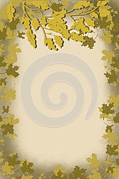 Green gold border of Autumn tree leaves suirrounding page, on tan antiqued background